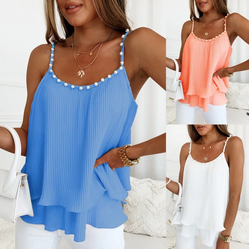 

Summer Women Chiffon Camisole Sexy Lady Pearls Pleated Ruffle Loose Camis Tank Tops Sleeveless Vest For Women Streetwear