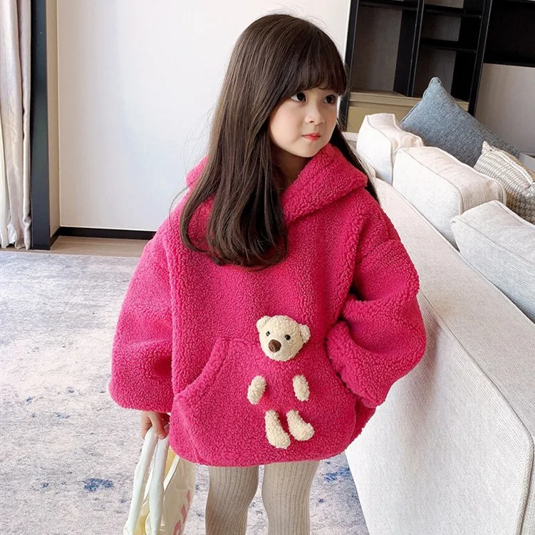 

2023 Winter Autumn Children Girls Tops Cotton Fleece Solid Patched Bear Toy Shirt Hoodie Thick Warm Loose Kids Girls Tops