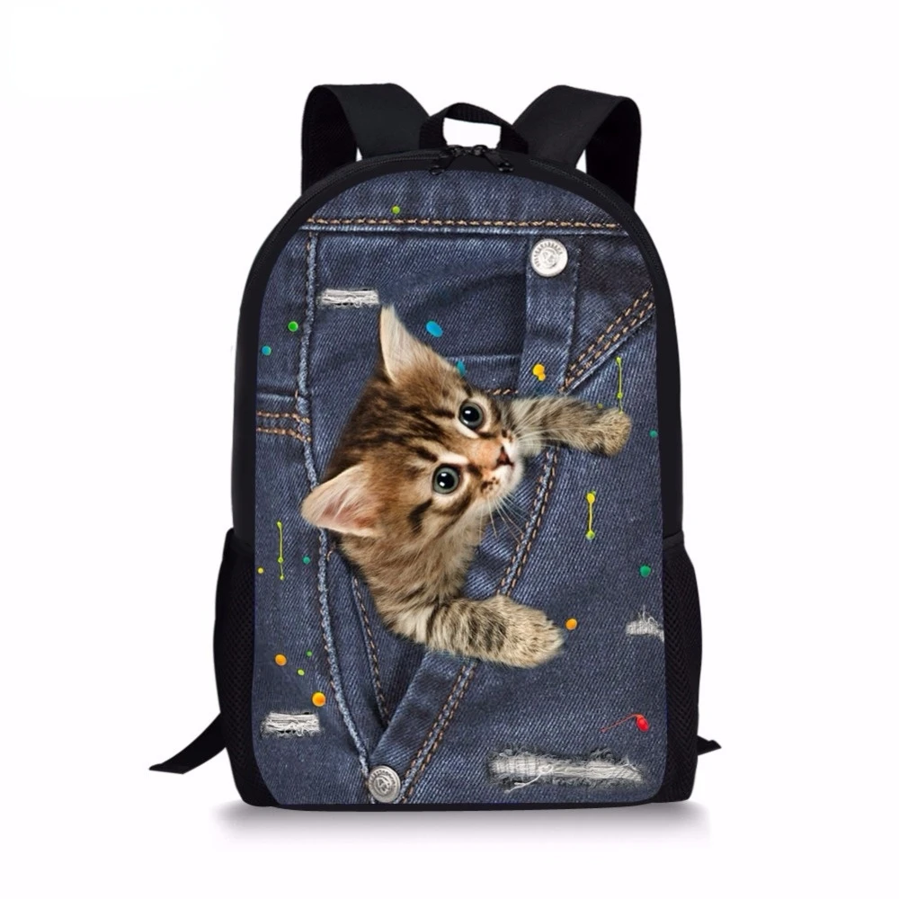 Kawaii 3D Животные черный джинсовый карман Кот/котенок принт мальчиков девочек школьные сумки рюкзаки для начальной школы детская сумка