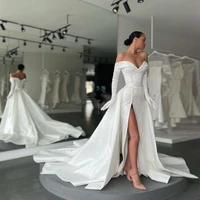 sexy white satin wedding dress off the shoulder pleat button and a line high slit floor length brides dress robe de mari%c3%a9e 2022