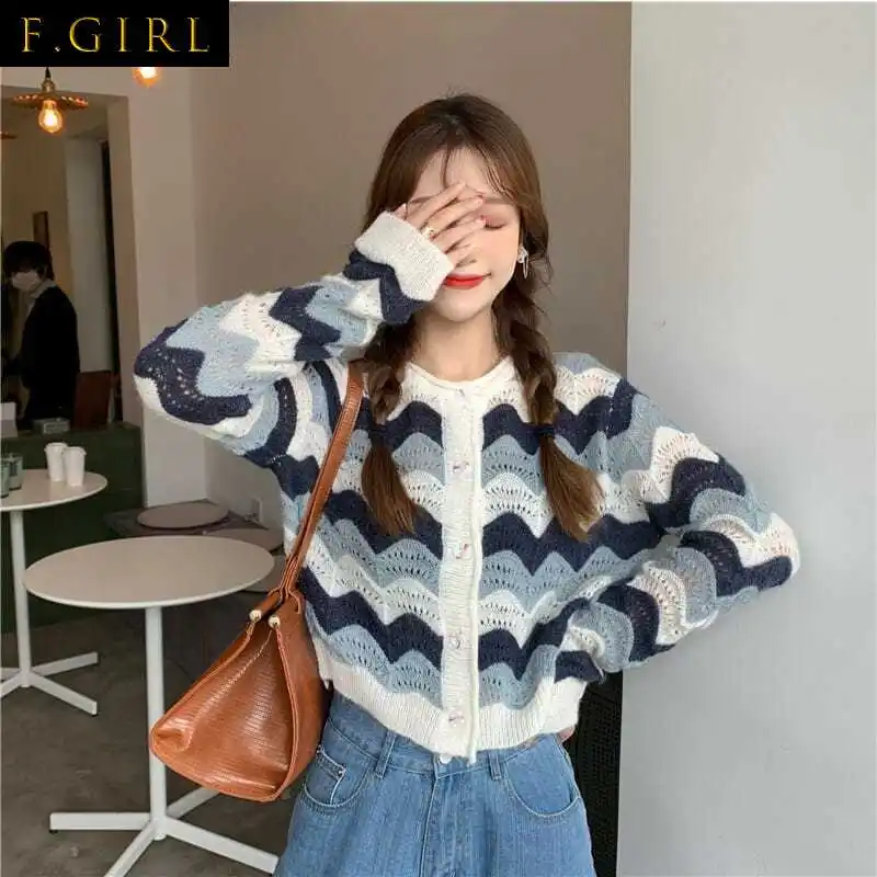

Cardigan Women Blue Wave-pattern Design Hollow Out Retro Fashionable Sweater Loose Single Breasted Girls Street Korean Style Ins