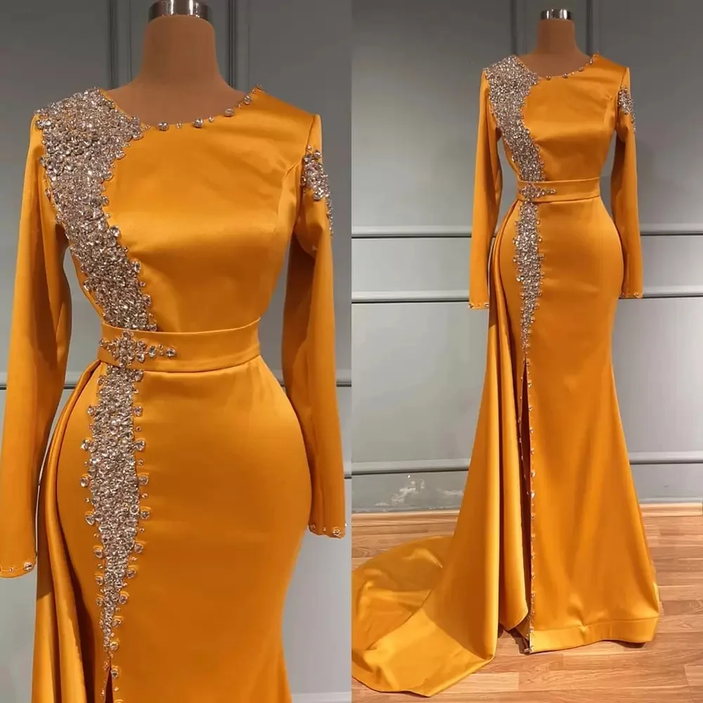 

Luxurious Arabic Aso Ebi Orange Satin Mermaid Evening Dresses Beaded Crystals Prom Formal Party robes de soirée فساتين السهرة