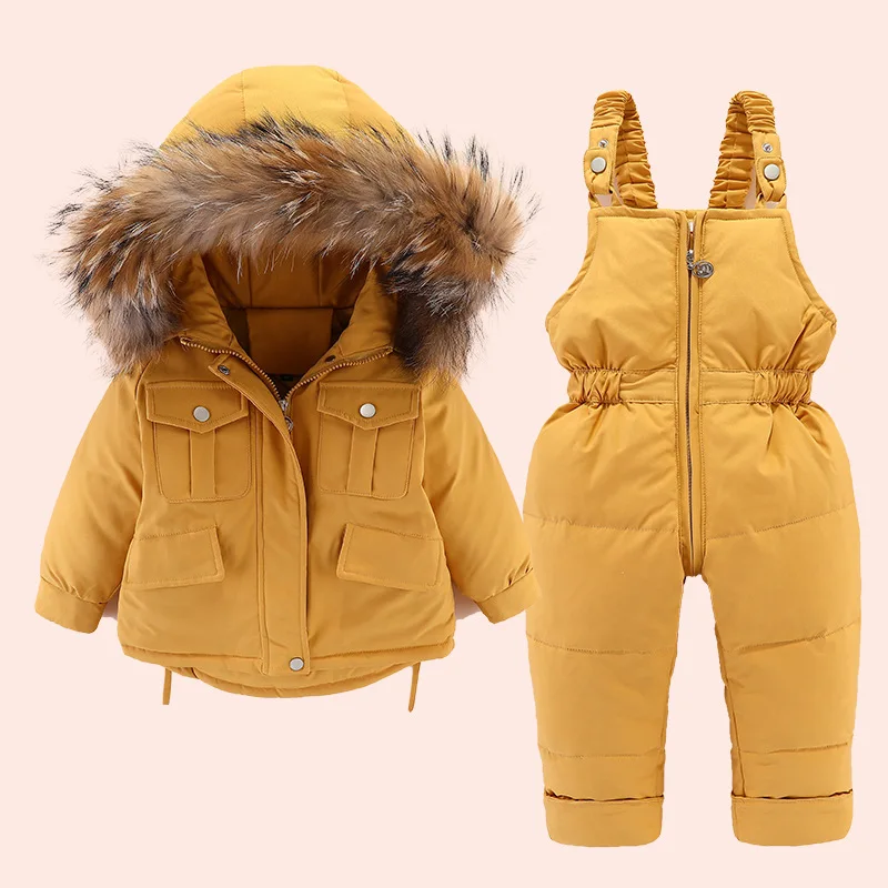 -30 Degree Baby Boy Girl Down Snowsuit  Coat Fur Parkas 2Pcs Set Children Clothing Overalls Jacket 1-4Y