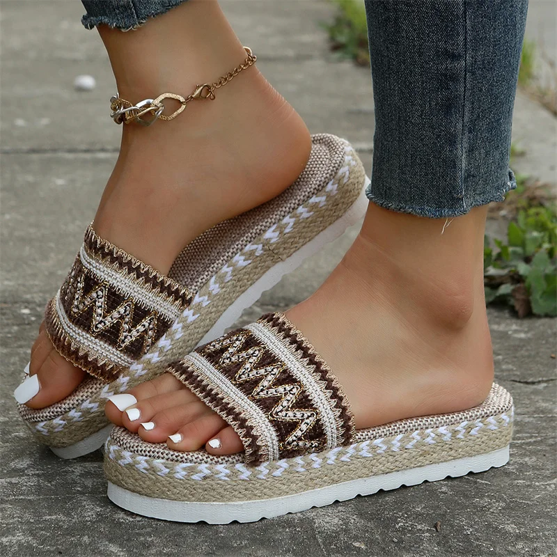 Vintage Ethnic Style Braide Geometry Beach Slipper Fashion Peep Toe Sandals Casual Thick Wedege Heel Slip-on Women's Shoes Flats