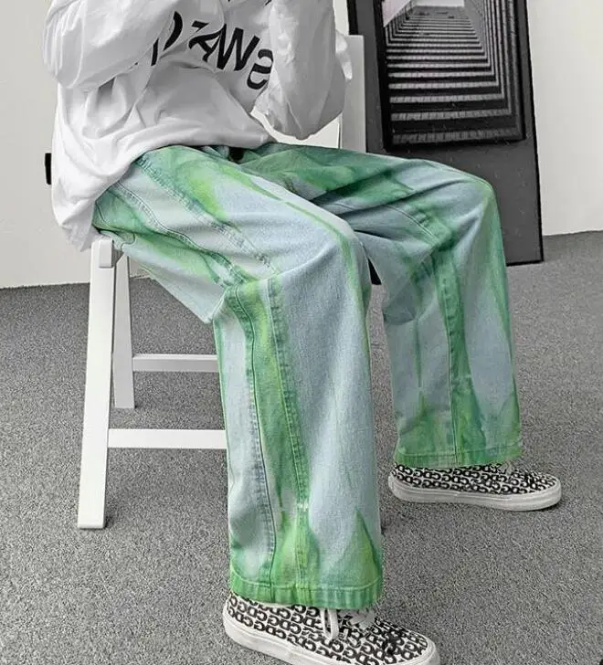 

European American Jeans Hip Hop Pants High Street Youth Men And Women Tie-Dye Green Jeans Wide-Leg Pants