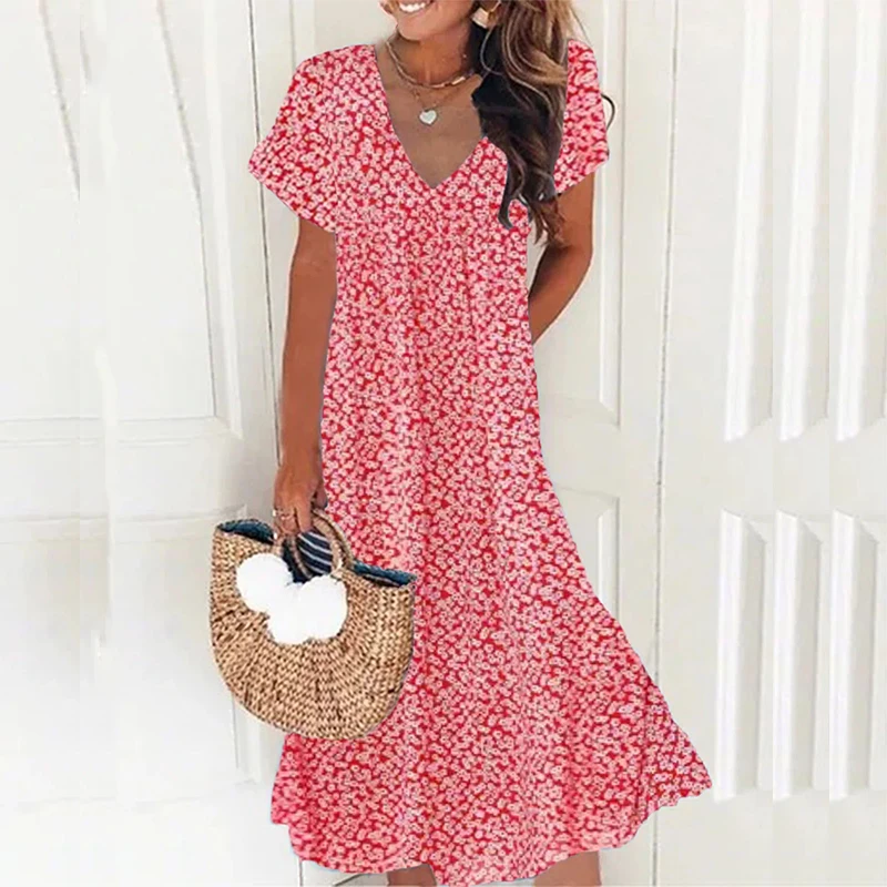 

Женское платье с коротким рукавом и V-образным вырезом, свободного покроя