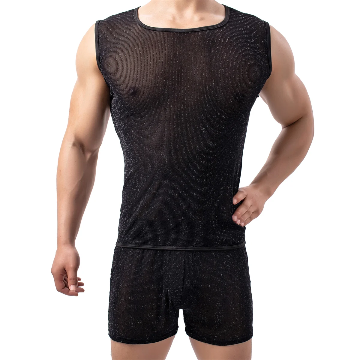 Mens Tank Top Mesh See Through Vest Sleeveless Undershirts Sheer Fitness Muscle Singlet  Boxer Shorts Sleepwear Mens Clothes Set