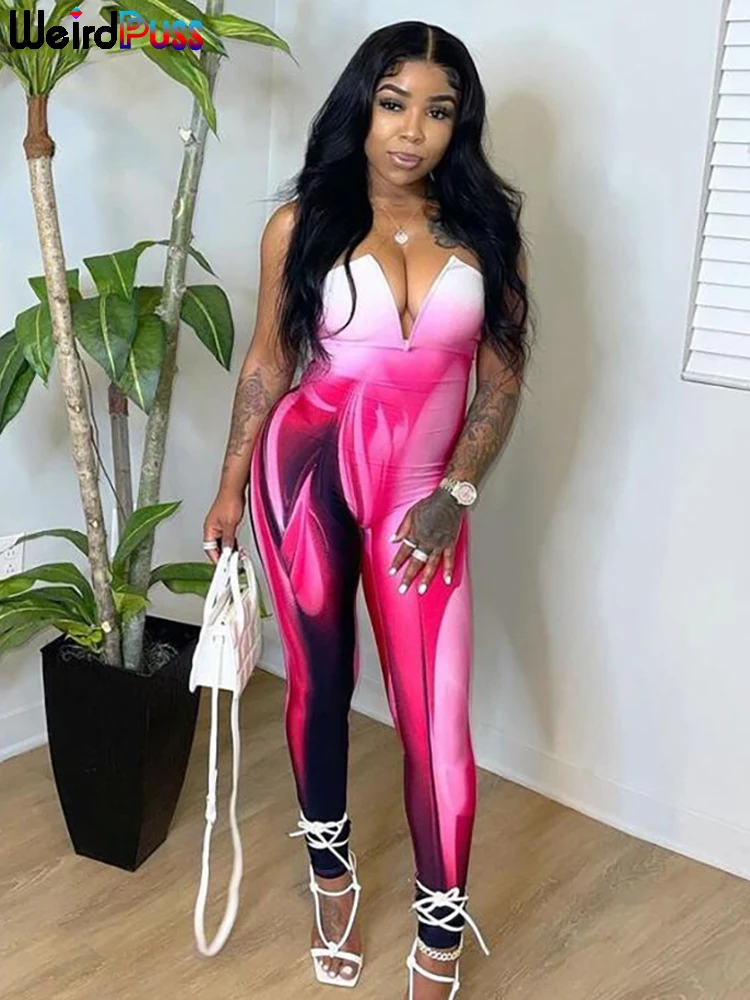 

Weird Puss Gradient Jumpsuit Women Invisible Straps V-Neck Fitness Skinny Elastic Sporty Activity Streetwear Overalls Workout