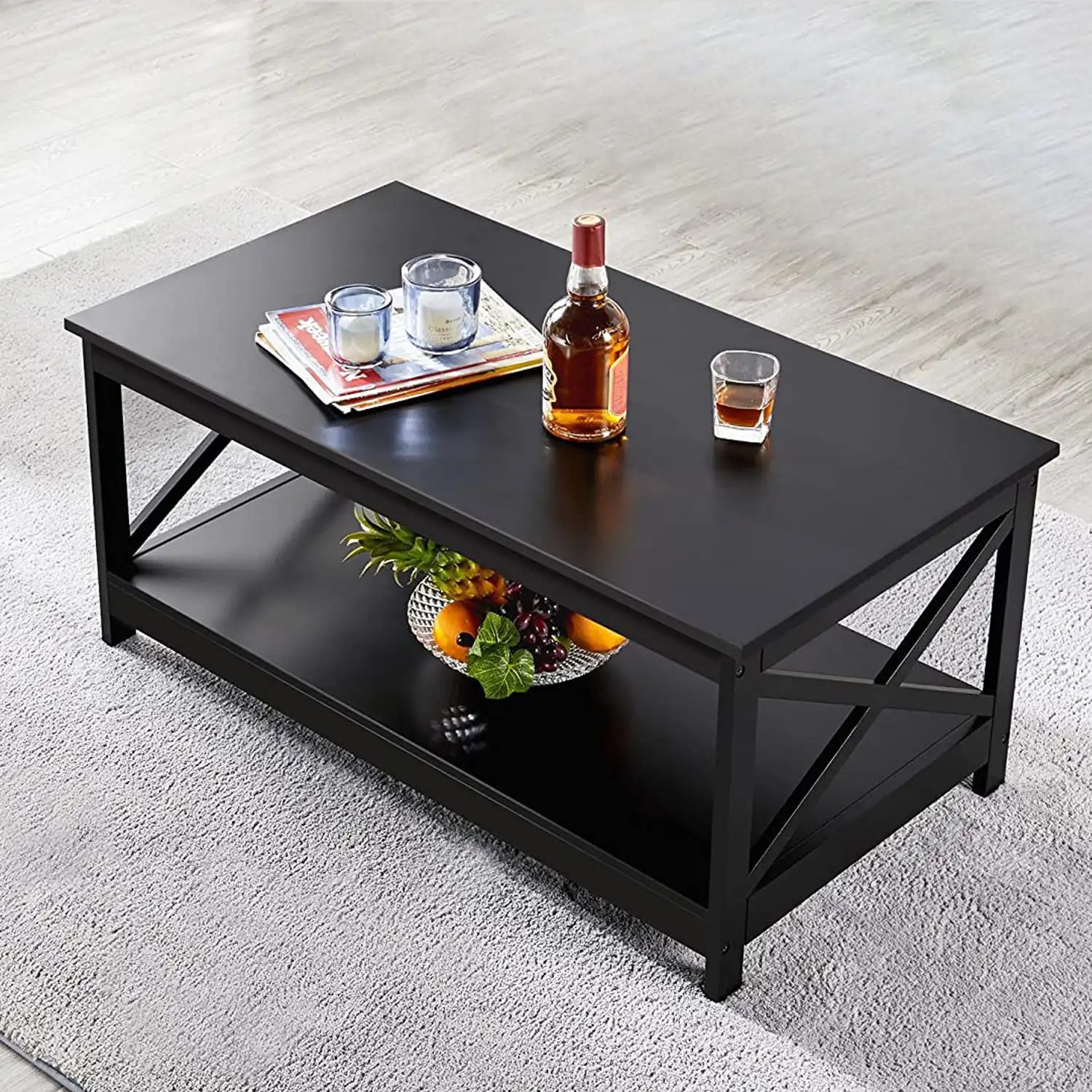 

Coffee Table Living Room Furniture Table with Storage Shelf, Black