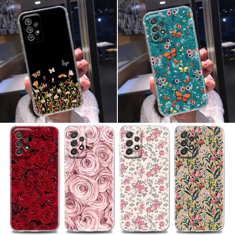 

Butterfly Flower Clear Case For Samsung Galaxy A52 A51 A53 A72 A71 A73 A32 A31 A33 A41 A22 A11 Soft Case Cover Vintage Leaf Rose