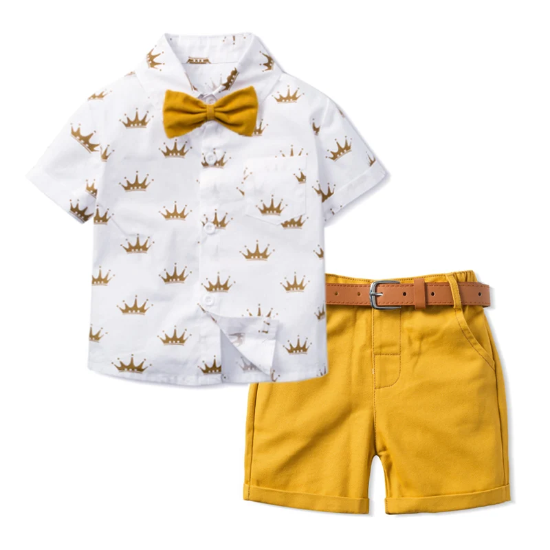 

Boys Sets Clothing Summer Crown Print Polo T-Shirt White Shorts Yellow Bowtie Children's Clothing For Boy Kids Clothes Boys