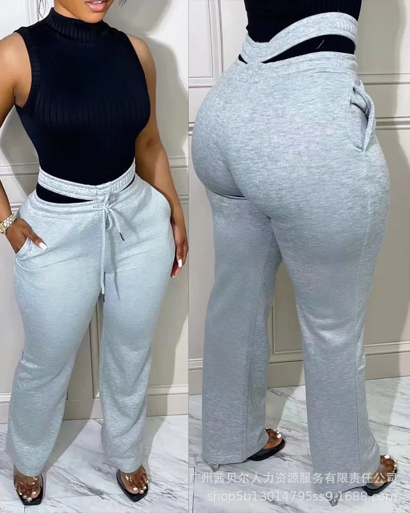 

Cutout Waist Pocket Detail Drawstring Pants Women Elastic Solid Color Pants Trousers Summer Spring Fashion Casual