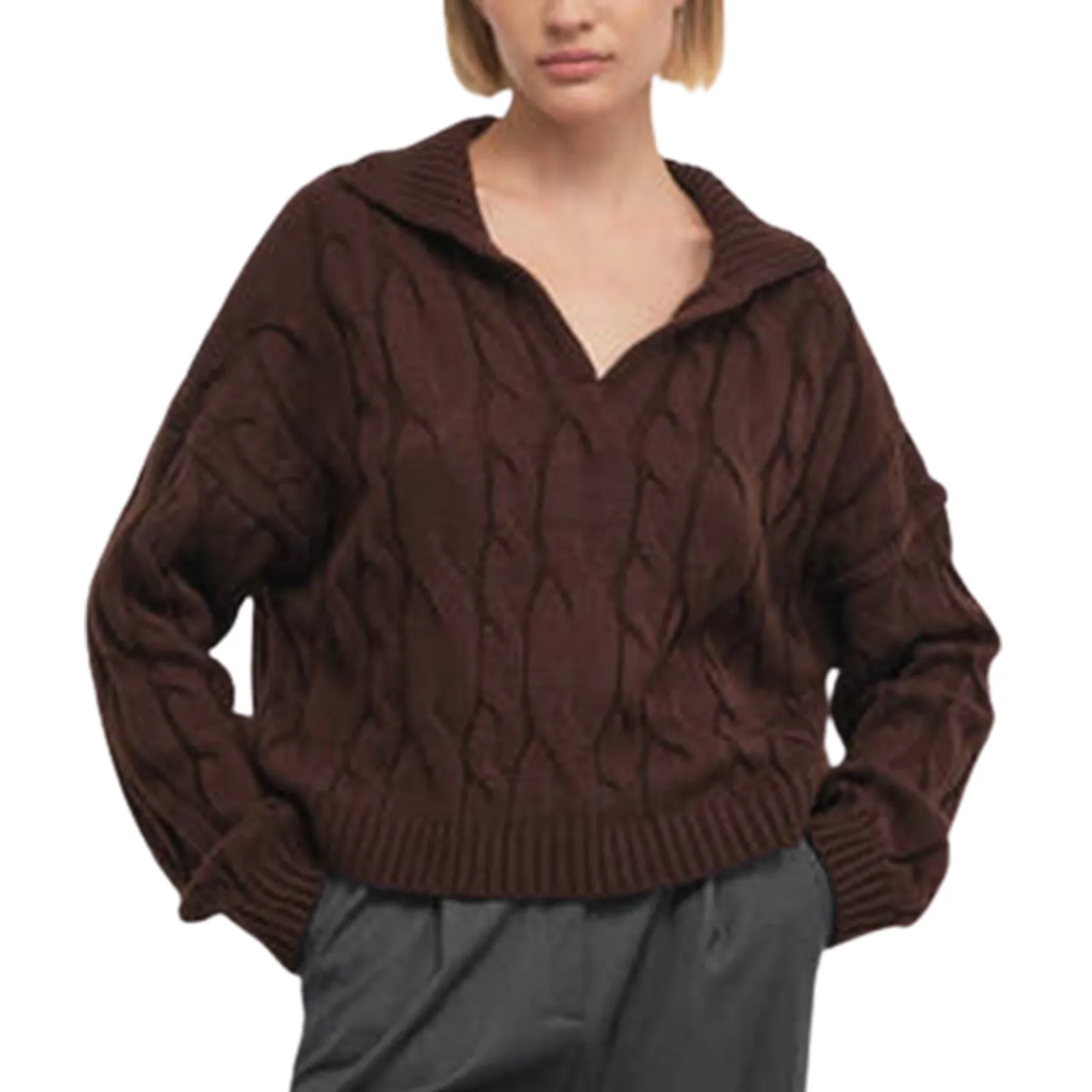 

Women's Solid Color Knit V Neck Lapel Long Sleeve Casual Style Thickened Daily Wear Skeleton Sweatshirt And Sweat Pants Adult