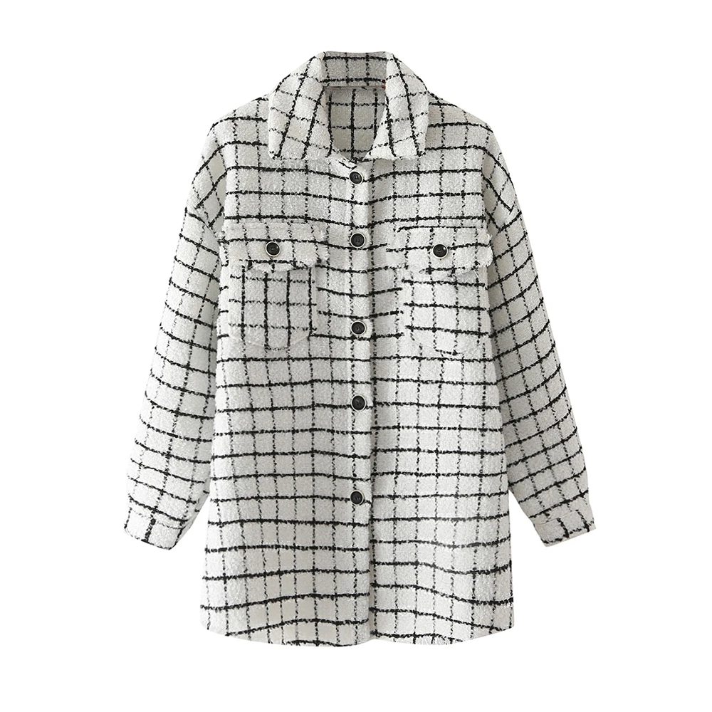 

Women's 2022 Chic New Plaid Pattern Pocket Decoration Tweed Shirt Jacket Fashion Casual Long Sleeve Vintage Female Elegant Coat