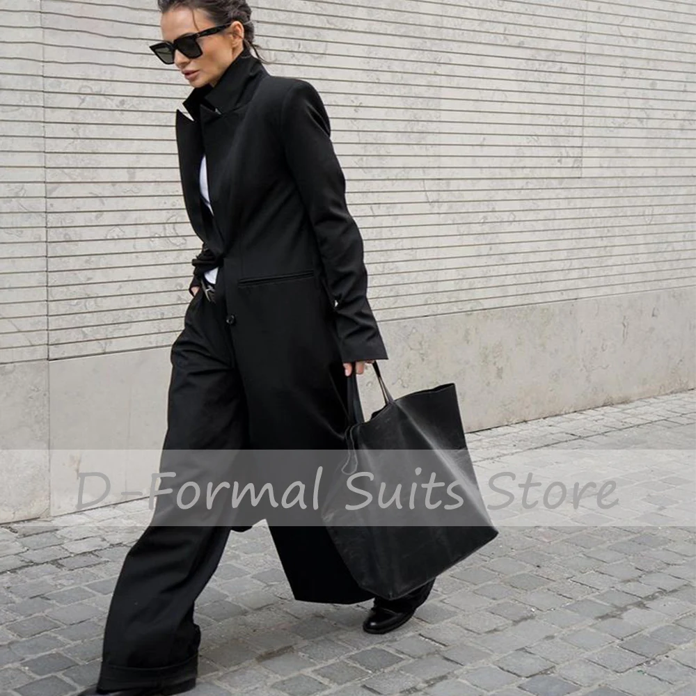 2022 New Women's Supermodel Vintage Black Shoulder Pad Commuter Double Breasted Suit Coat Super Long Elegant Overcoat