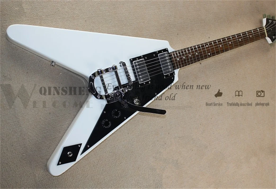

6-струнная электрическая гитара, белая гитара V-образной формы, струйный мост Tremolo, корпус и голова из красного дерева, гитара Fanmu