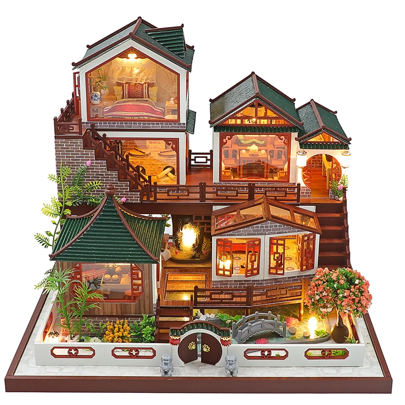 

Деревянный кукольный домик «сделай сам» в комплекте, миниатюрная с мебелью, китайская вилла, лофт, домик, кукольный домик, игрушки для взрос...