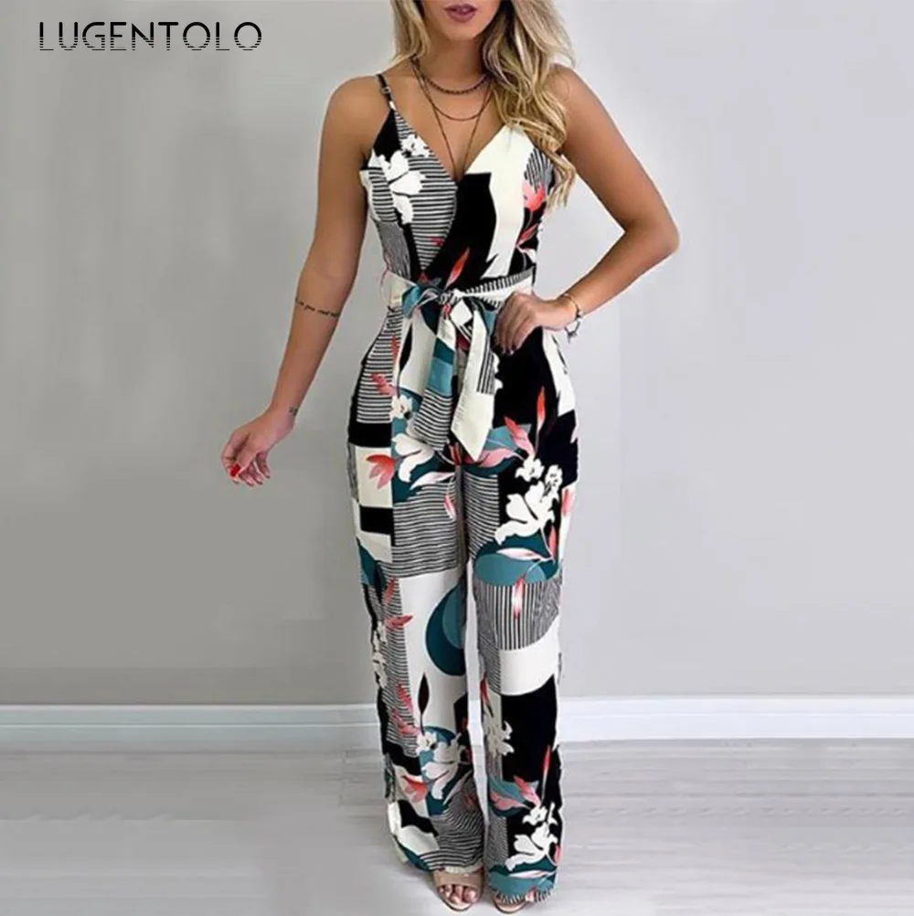 

Women Sexy Jumpsuits Summer Deep V-neck Backless Thin Print Large Size High Waist Spaghetti Strap Straight Jumpsuit