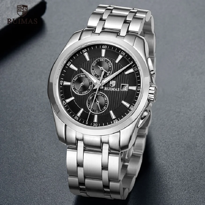 

RUIMAS Men's Stainless steel Quartz Watches Luxury Business Chronograph Watch Relogios Masculino Relojes de Hombre 6688 Black
