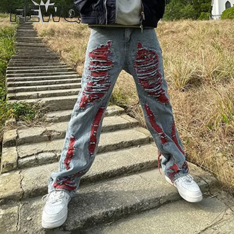 

Джинсы FEWQ мужские рваные с вышивкой, повседневные Прямые брюки из денима в стиле хип-хоп, уличные брюки, 24B1556, весна 2023