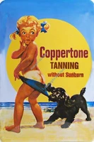 tin sign coppertone tanning without suntan funny little girl with dogs outdoor street home bar club kitchen restaurant wall art