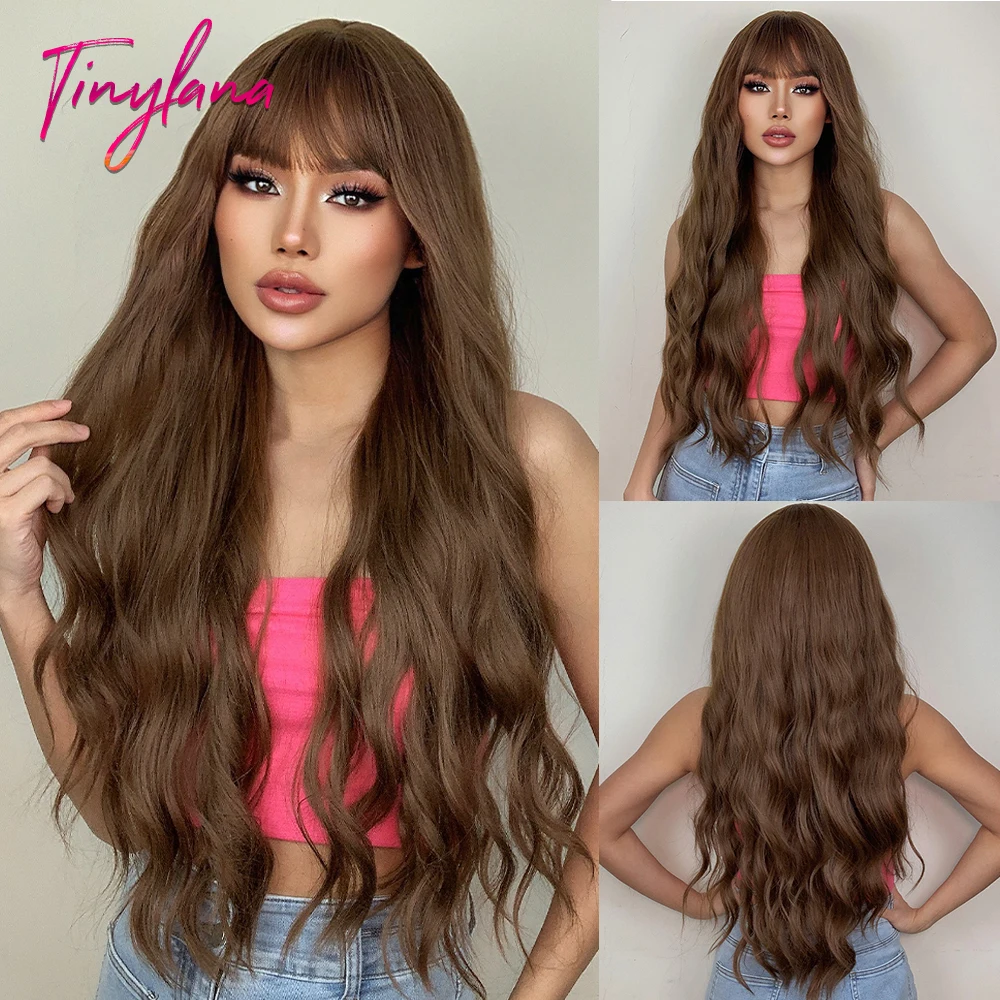 

Long Wavy Copper Brown Synthetic Hair Wig with Bangs for Black Women Dark Brown Body Wave Cosplay Natural Heat Resistant Hair