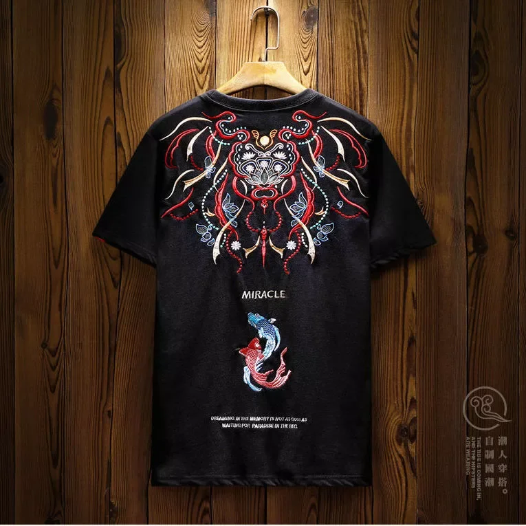 

2023NEW tide brand national tide Chinese style carp embroidery short-sleeved T-shirt men's niche tide men's ethnic style