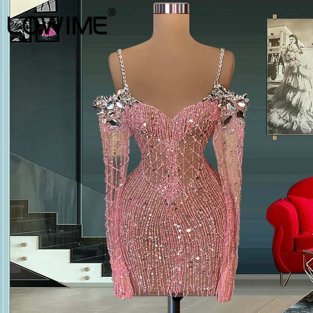 Сексуальные розовые иллюзионные короткие платья для выпускного вечера с длинным