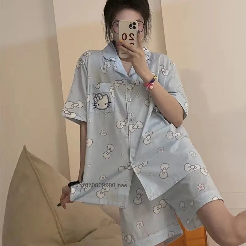 Summer New Hello Kitty Pajamas Women Short Sleeved Shirt And Shorts Kawaii Casual Matching Female Fashion Tracksuit Korean Style