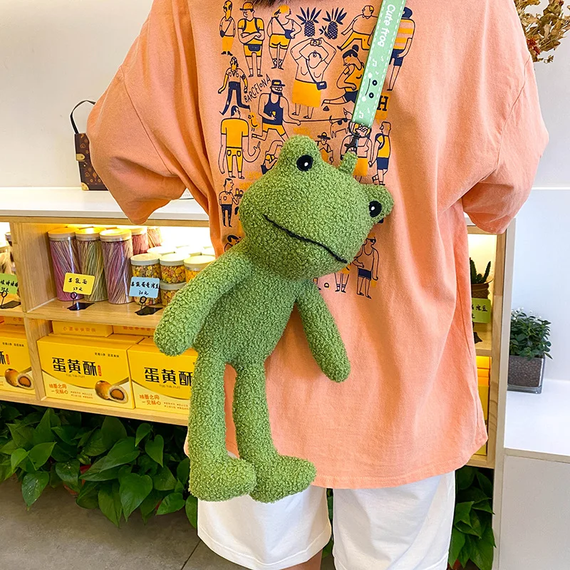 Women Cartoon Frog Shoulder Bag Ladies Fashion Casual Cute Plush Crossbody Bags Zipper Long Strap Shoulder Bag For Women