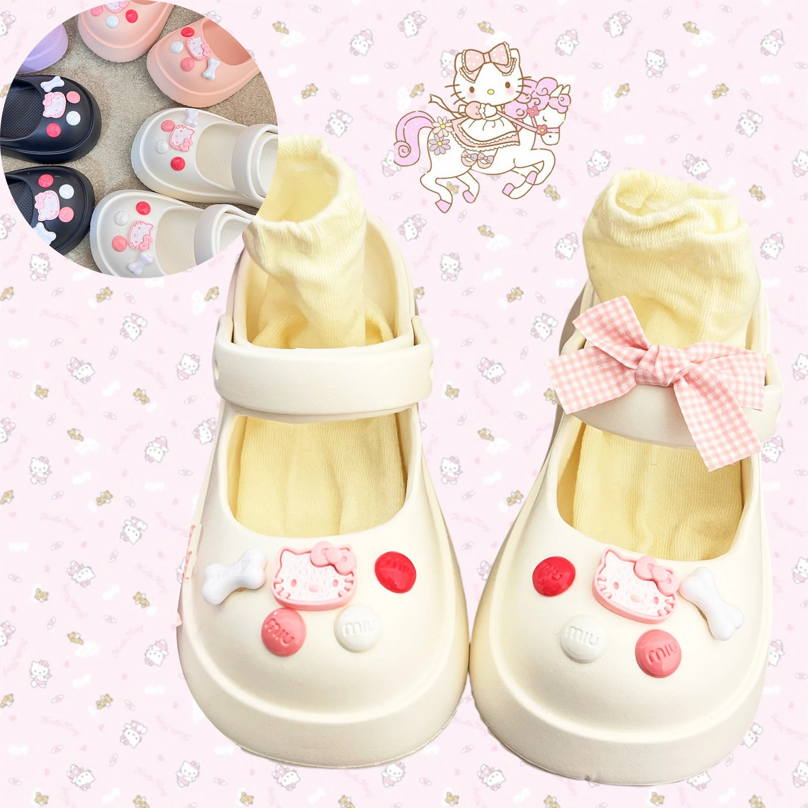 

2023 Hello Kitty Croc Kawaii Half Wrapped Mary Jane Style Jk Y2K Soft Summer Anime Sanrioed Lovely Sandals Outside Girls Gifts