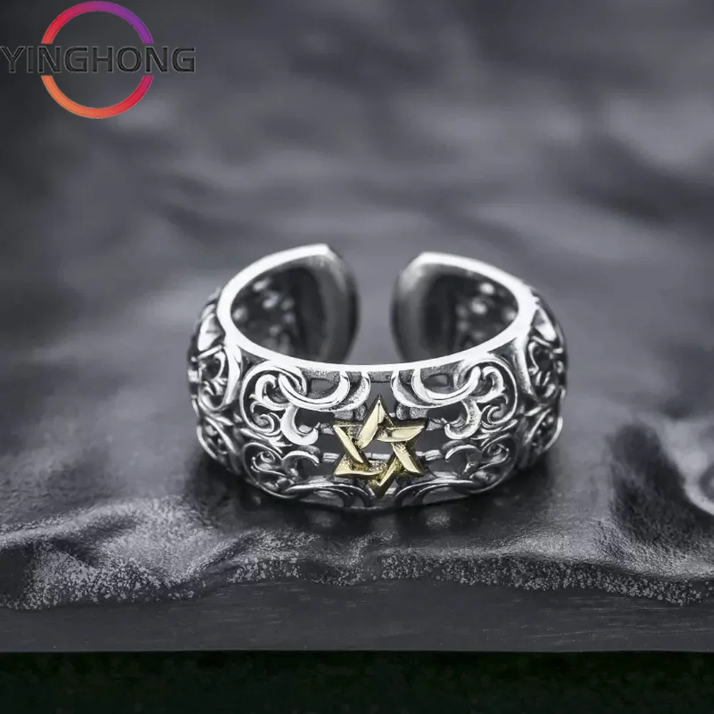 

QueXiang S925 Sterling Silver 2023 New Vintage Six Star Temperament Ring for Men's Dominant Fashion Exquisite Jewelry Gift