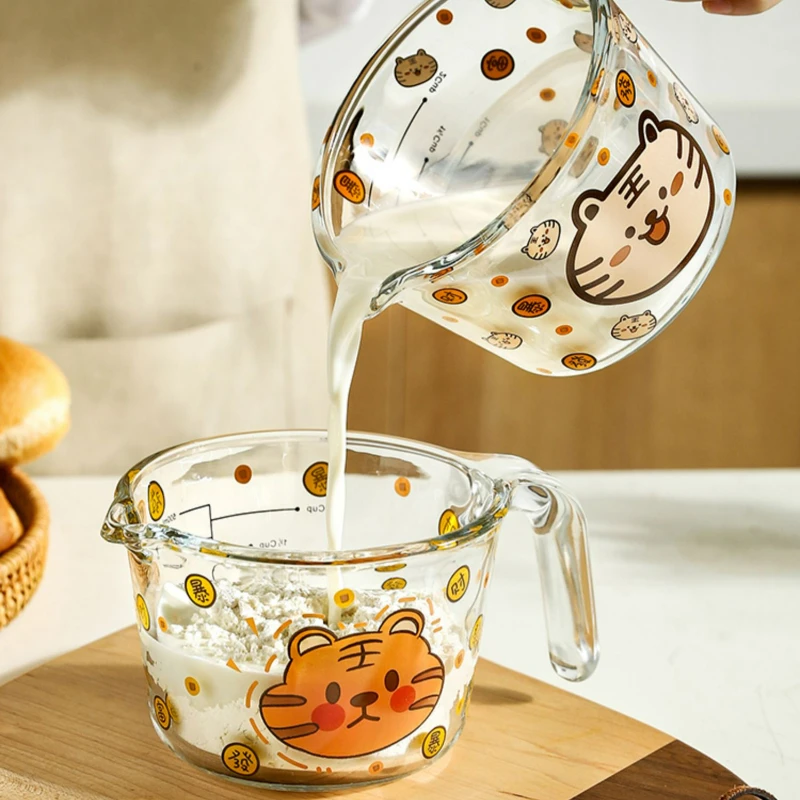 Cute Tiger Glass Measuring Cups with Scale Food Grade High Temperature Resistant Rice Cup Measure Baking Measuring Water Cups