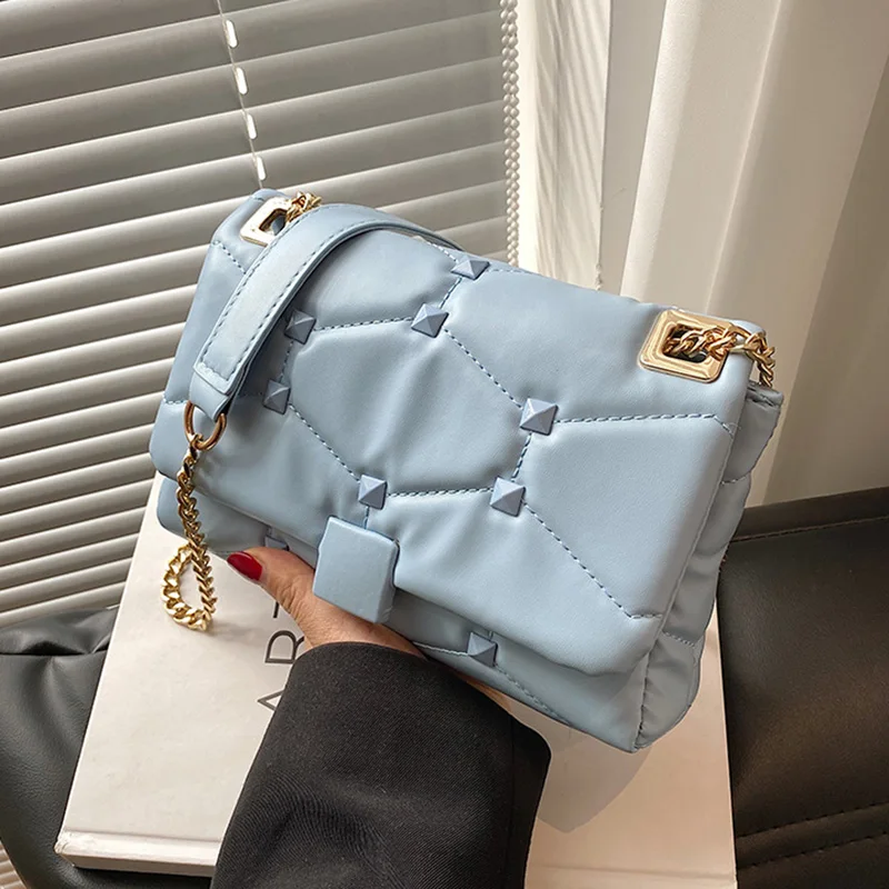 

2022 Brand Elegant Women's Blue Orange Handbag Chain Messenger Bags Evening Clutch Rivet Shoulder Bag Soft Leather Axillary Bags