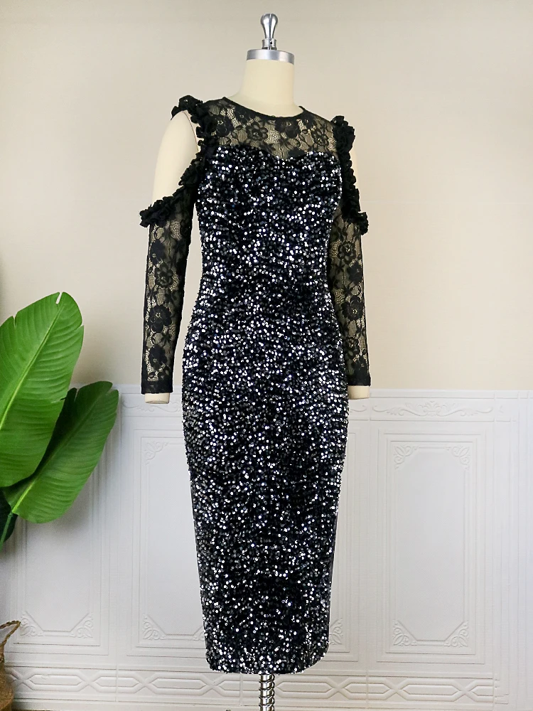 Black Sequins Dresses Plus Size Cold Shoulder O Neck Lace Patchwork Long Sleeve Sequined High Waist Party Glitter Outfits 4XL