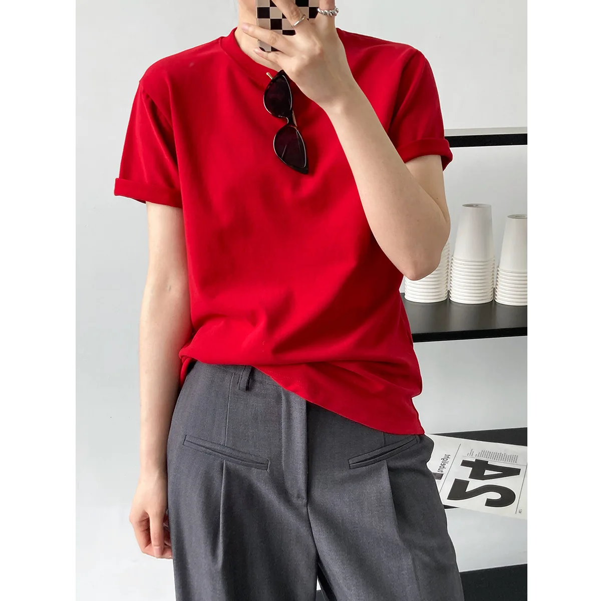 

Summer New Fashionable Solid Color round Neck Short Sleeves T-shirt Women's Loose Casual Brushed Cotton Bottoming Shirt Top