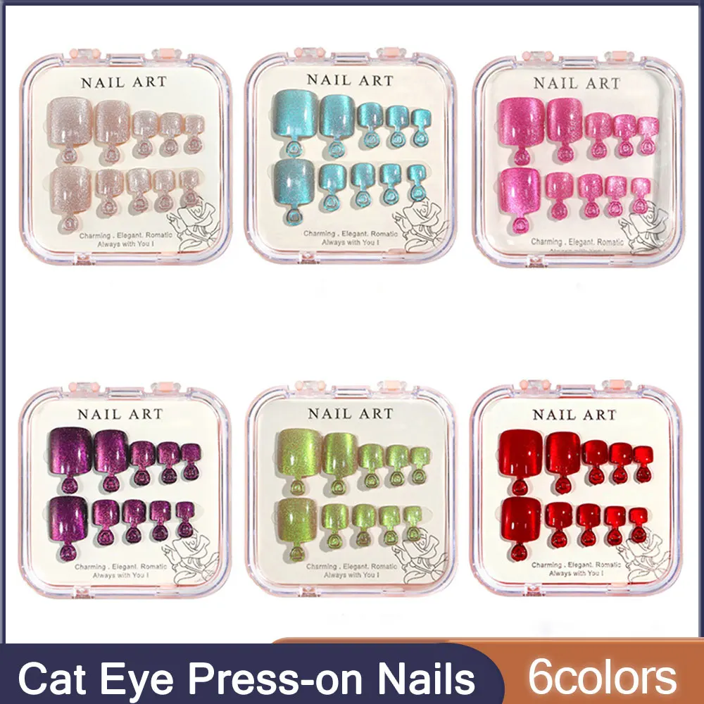 

Faux Ongles Fantaisie Crystal Cat Eye Shining Diamond Foot Nail Patch Handmade Wearing Armor Short Press on Nails For Toes
