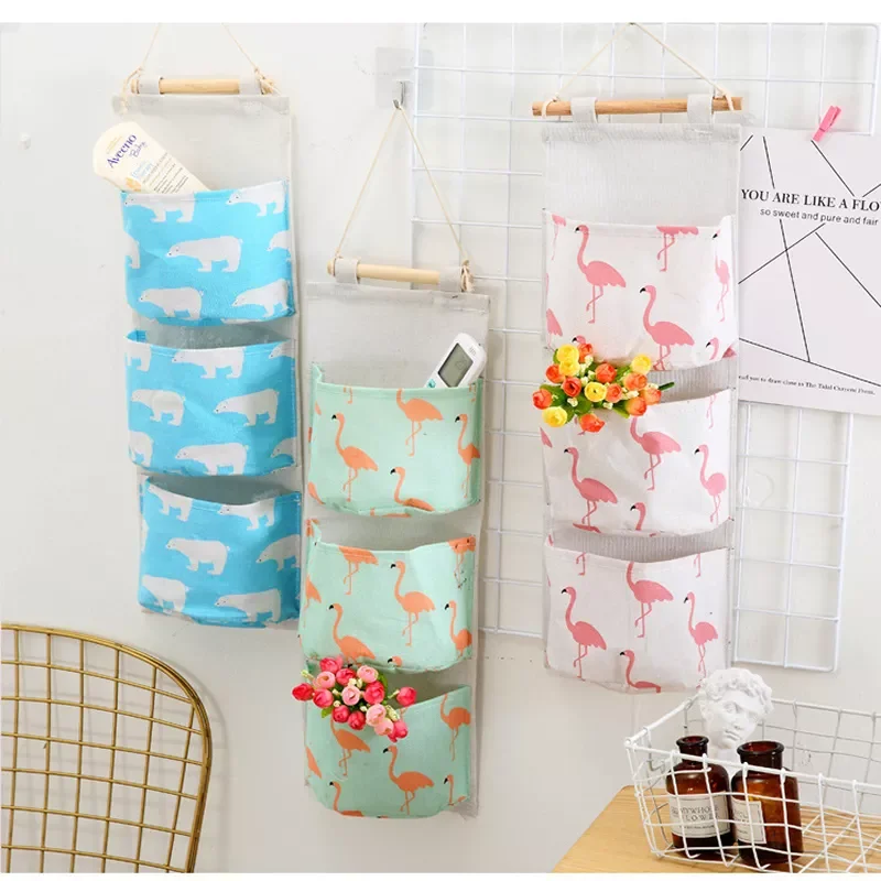 

3 pockets cotton and linen waterproof storage hanging bag 3 layer hanging pocket fabric door room sundries Organizer basket