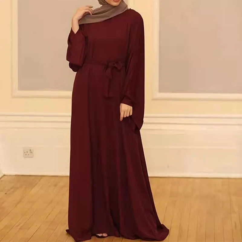 Women Muslim Robe with Belt Casual Solid Color Long Sleeve Loose Dress Abaya Dubai Turkey Kaftan Prayer Dress Robe Islam Clothes