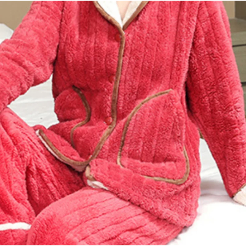 Solid Color Thicken Autumn And Winter Keep Warm Nightgown Comfortable Soft Sleepwear Suit Pocket Design Simple Style