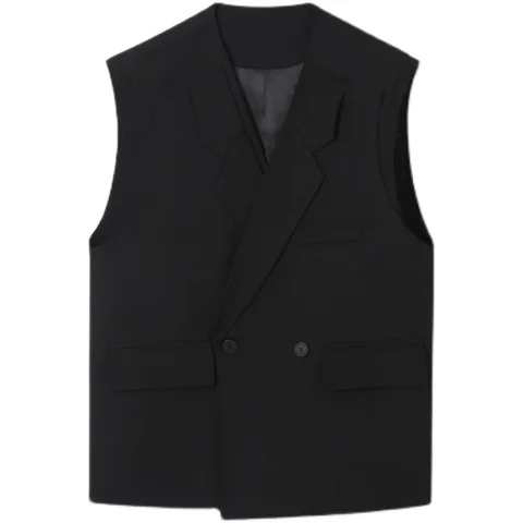 Men's Loose Black Vest Large Size Cool Style Personalized Cutting Double Breasted Woolen Vest Waistcoat Sleeveless Coat