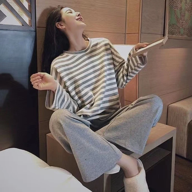 Spring Autumn Women Girl Fashion Pajamas Faux Cotton Feeling Striped Sleepwear Sets