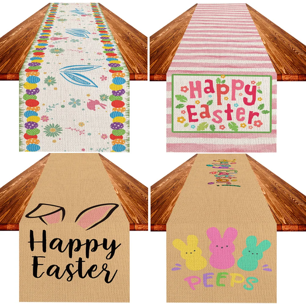 

183*33cm Easter Home Decoration Table Flag Bunny Tablecloth Rabbit Colorful Eggs Linen Table Cover Happy Easter Party Decor