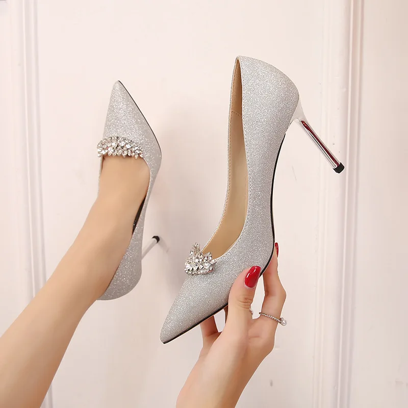 

Bling Bling Metal Heels Pumps Women Crystal Beading Wedding High Heels Shoes Ladies Pointed Toe Rhinestone Dress Shoes Woman