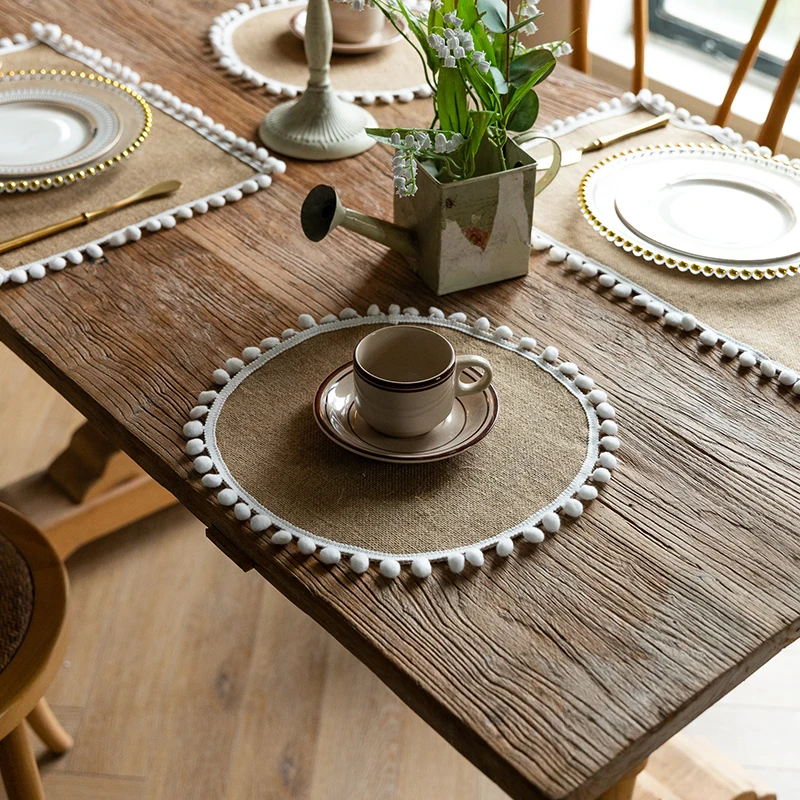 

Soft Tassels Jute Non-slip Placemat Vintage Solid Color Linen Placemat Fringe Trim Table Mat Heat Insulation Dining Place Mat