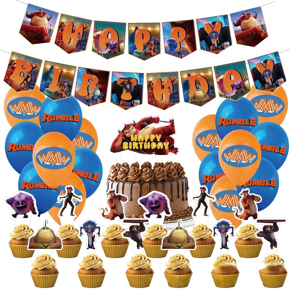 

JOLLYBOOM Cartoon Monster Theme Birthday Party Blue Orange Balloon Set Happy Birthday Banner Cake Topper for Birthday Decoration