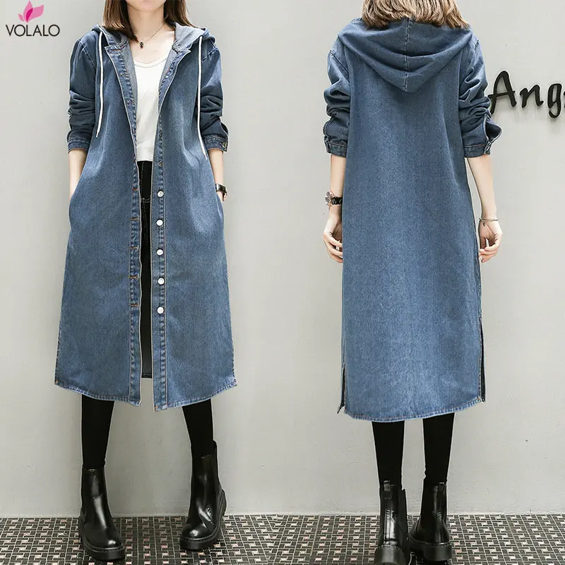 

VOLALO XL-5XL Plus Big Size Denim Coat Women Spring Autumn Winter Feminina Fashion New Thin Loose Long Jean Trench Female