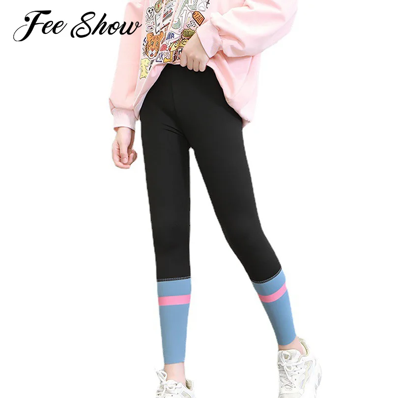 

Kids Girls Casual Yoga Leggings Color Block Patchwork Stretchy High Waist Elastic Waistband Skinny Pants Running Sports Leggings