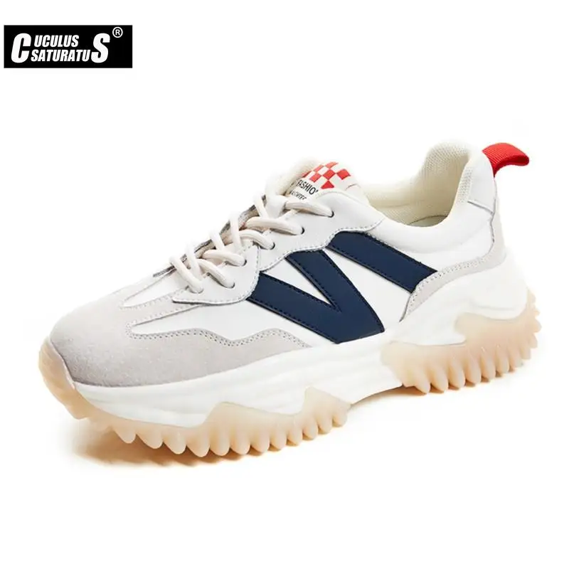 

2022 Women Chunky Dad Sneakers Thick Bottom Platform Vulcanize Casual Running Shoes for Woman Genuine Leather Female White Shoes