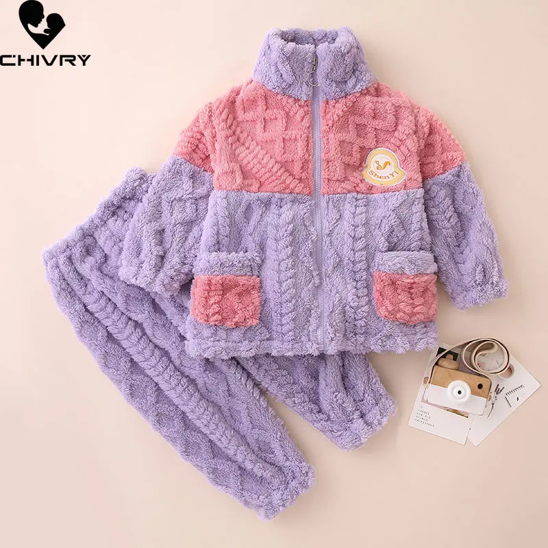 New Kids Flannel Pajama Sets Autumn Winter Boys Girls Thicken Warm Zipper Lapel Tops with Pants Baby Pyjamas Sleepwear Clothing